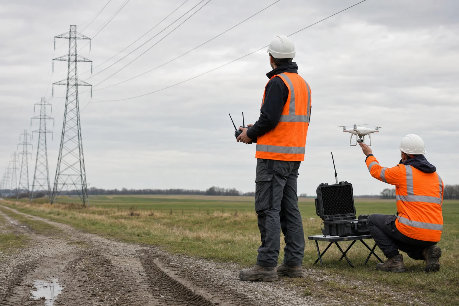 Zweiköpfige Drohnencrew in Warnwesten startet eine Inspektionsdrohne entlang eines Leitungskorridors mit Hochspannungsmasten.