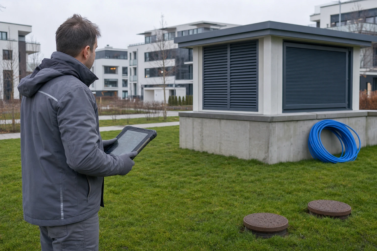 Servicetechniker mit Tablet vor der Energiezentrale eines kalten Nahwärmenetzes in einem neuen Wohnquartier, im Vordergrund Erdsondenschächte.