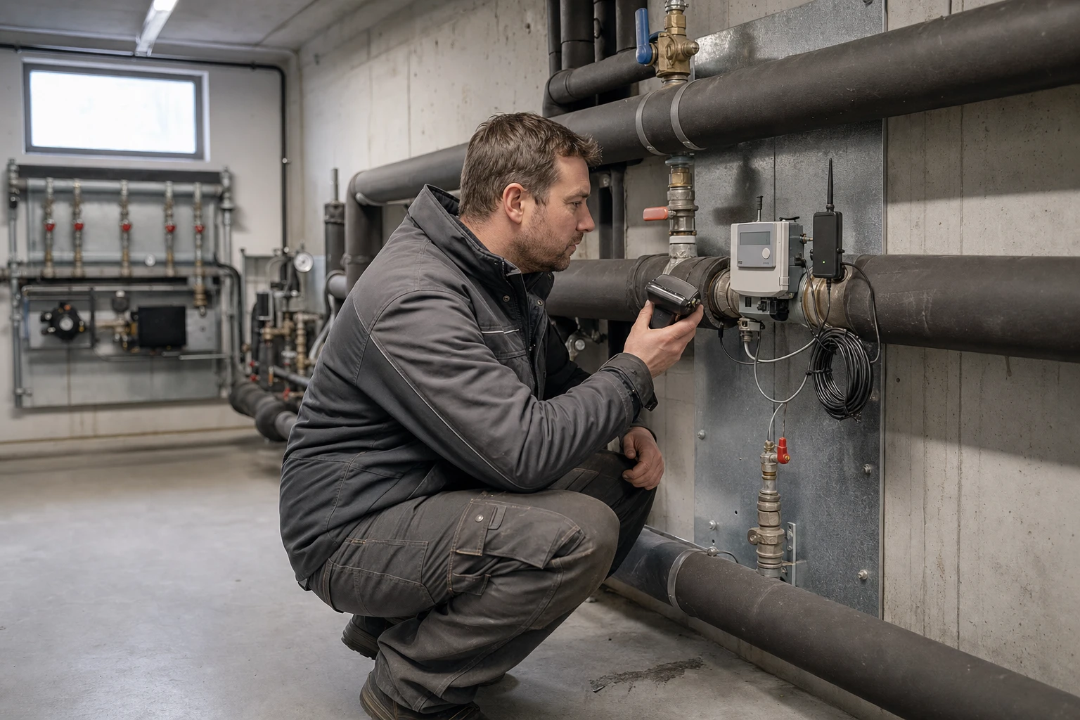 Techniker prüft im Heizraum eines Gebäudes einen Wärmemengenzähler mit Funkmodul an gedämmten Fernwärmeleitungen.