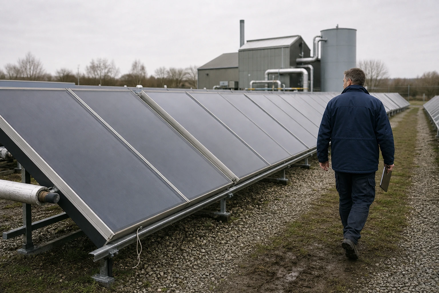 Servicemitarbeiter geht an einem solarthermischen Kollektorfeld entlang, das ein Fernwärme-Heizwerk im Hintergrund mit grüner Wärme versorgt.