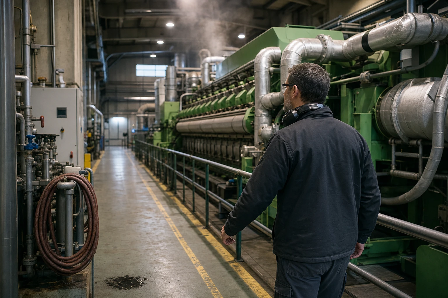 Anlagenfahrer geht an einem großen Gasmotor-Blockheizkraftwerk in der Maschinenhalle einer kommunalen Energiezentrale entlang.