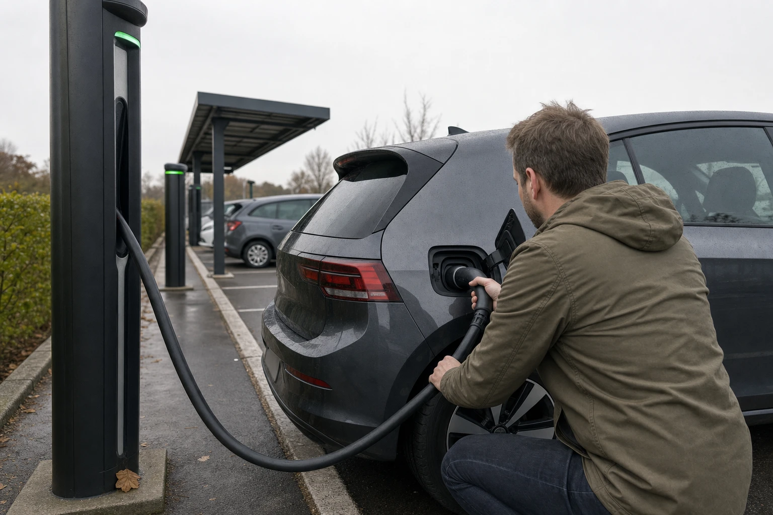 Ein Fahrer steckt an einem oeffentlichen Schnellladepark ein Ladekabel in die Ladeklappe eines Elektroautos.