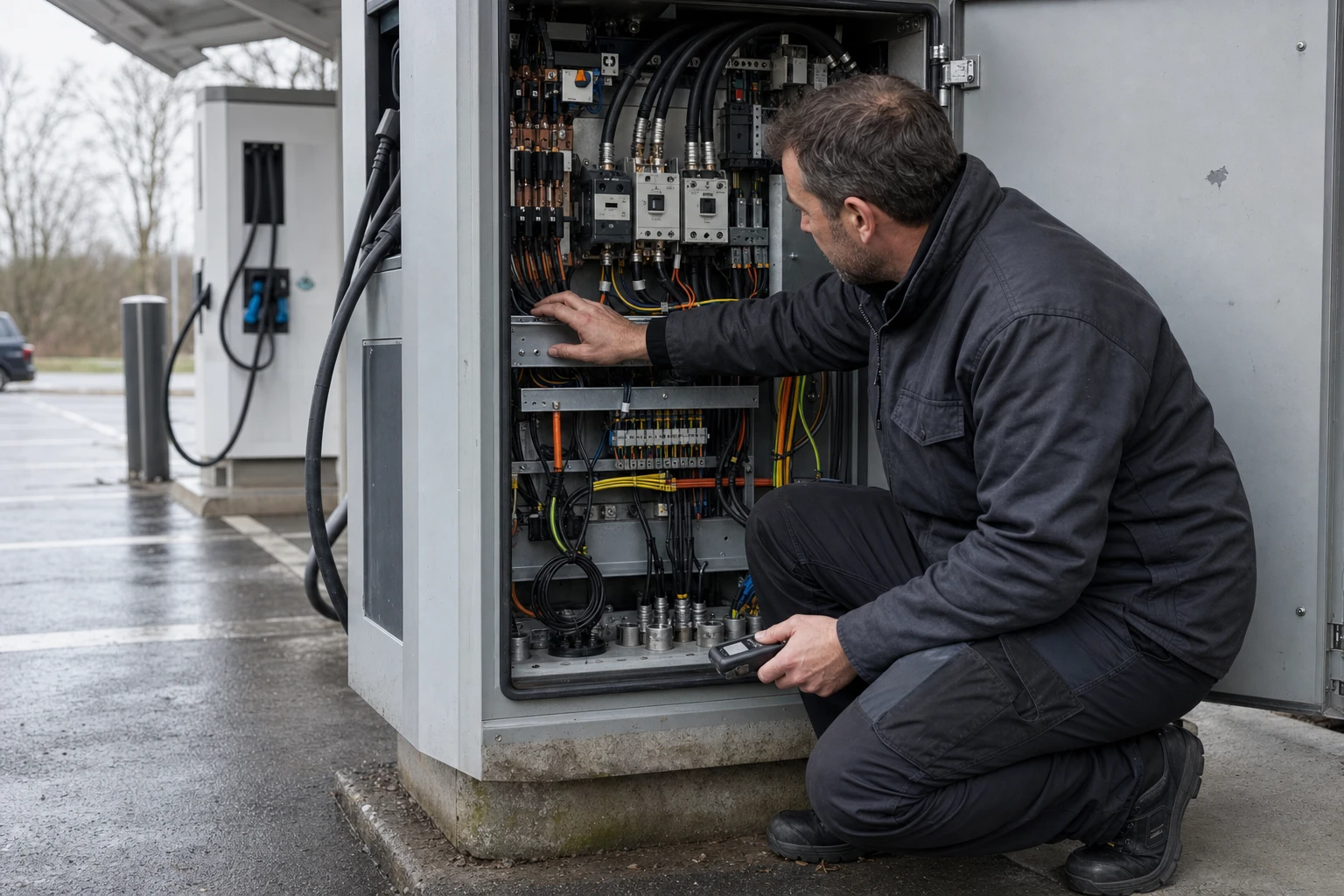 Servicetechniker kniet an der geöffneten Servicetür eines öffentlichen Schnellladers und prüft die inneren Leistungs- und Datenleitungen.