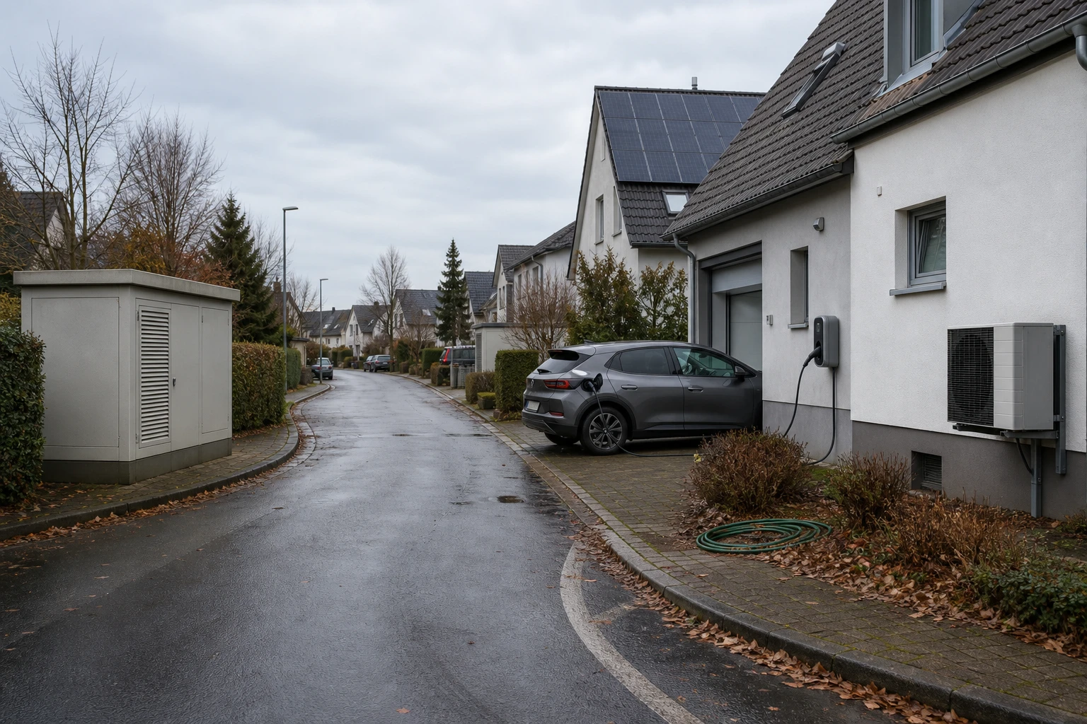 Ruhige Wohnstraße mit einer grauen Ortsnetzstation an der Ecke, einer Wärmepumpe an der Hauswand, einer Wallbox mit ladendem Elektroauto und einer Photovoltaikanlage auf dem Dach.