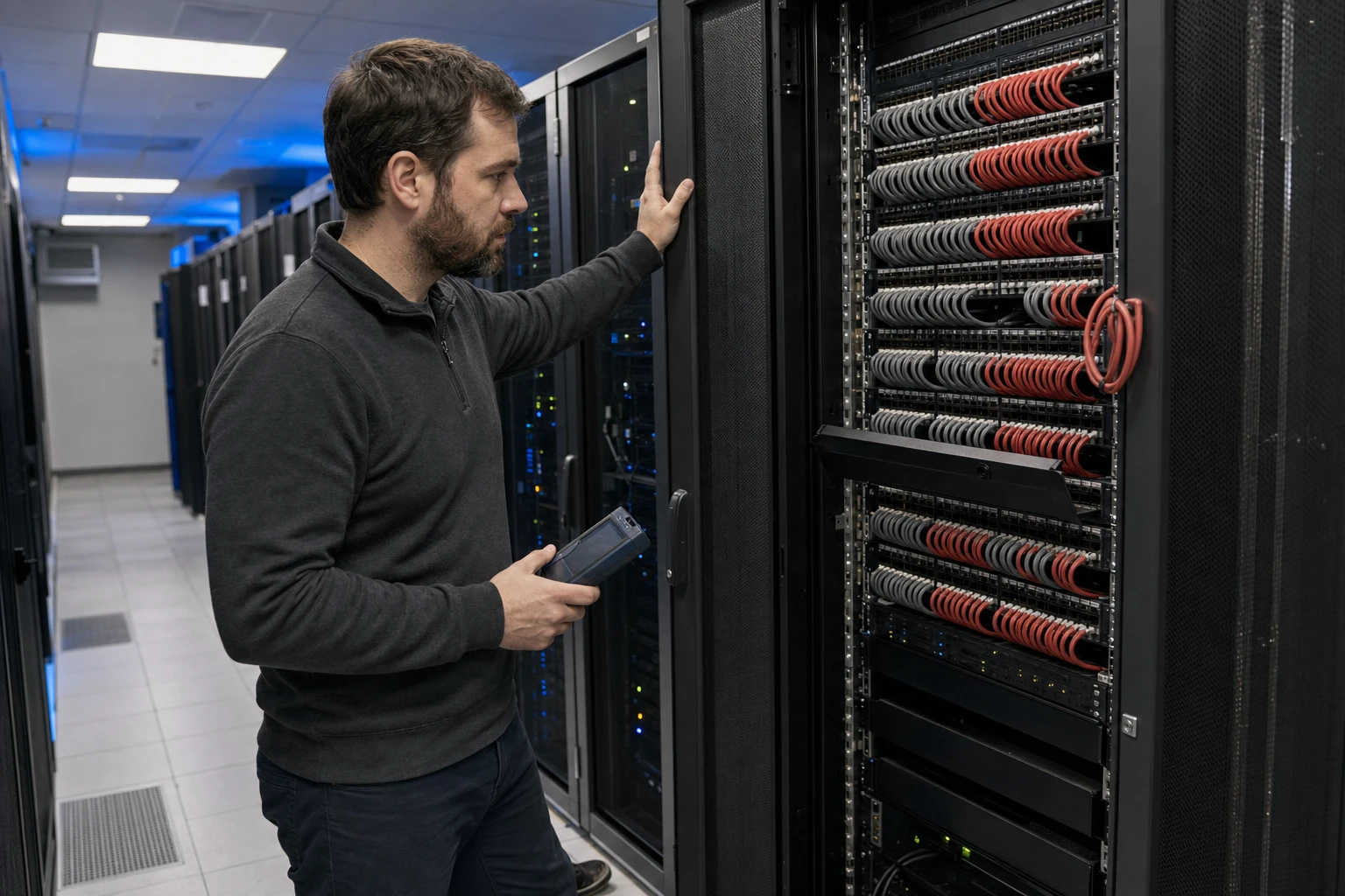 Ein IT-Sicherheitsverantwortlicher eines Energieversorgers prüft an einem geöffneten Netzwerkschrank die Patchpanels zwischen zwei Reihen dunkler Serverschränke.