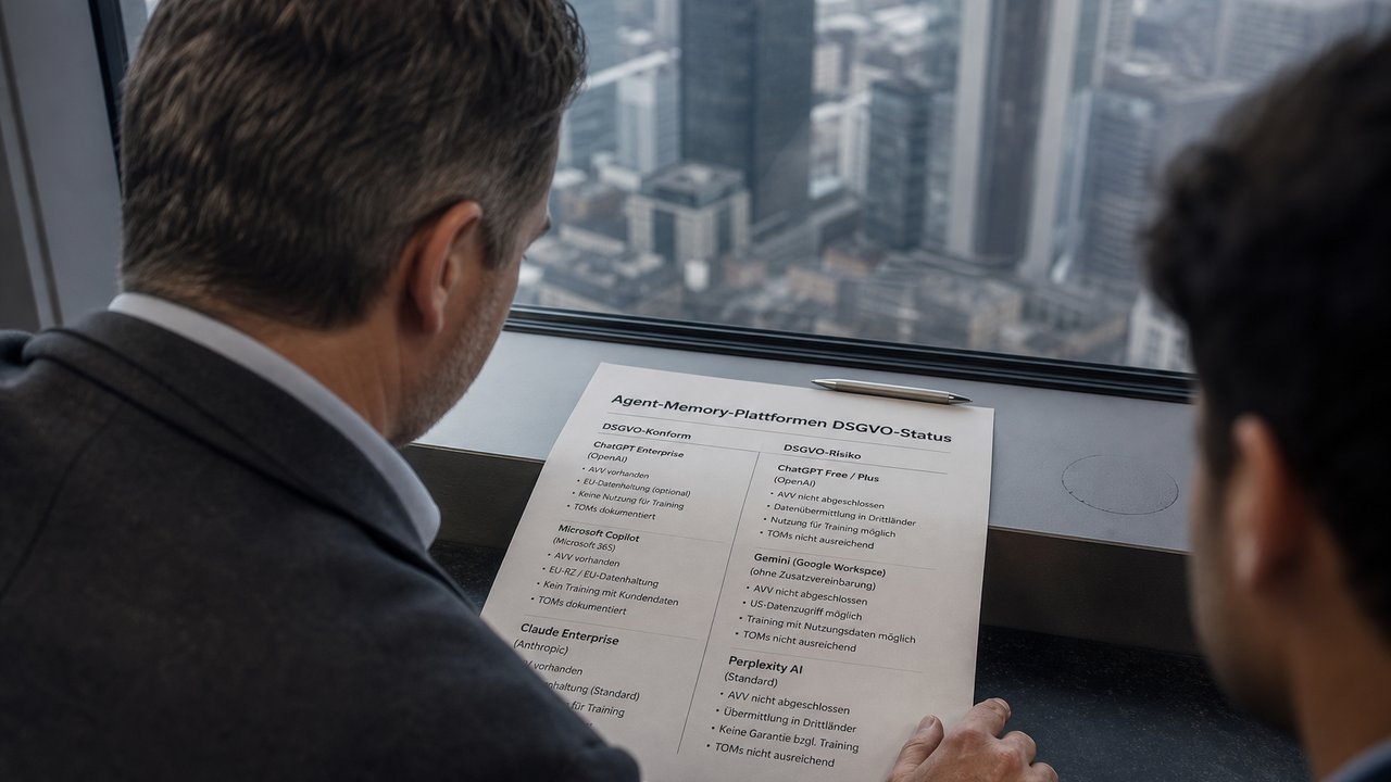 Compliance-Beauftragter in einer Frankfurter Risk-Abteilung prüft eine zweispaltige DSGVO-Statusliste für Agent-Memory-Plattformen am Fenster