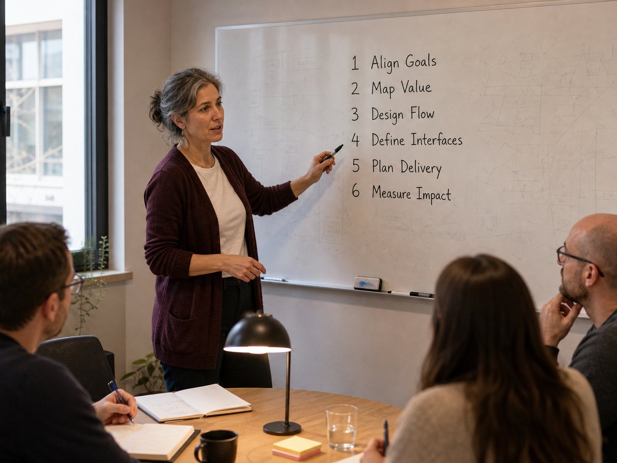 Enterprise-Architektin skizziert an einem Whiteboard in einer Stuttgarter Software-Beratung einen sechsstufigen Playbook für die Memory-Auswahl