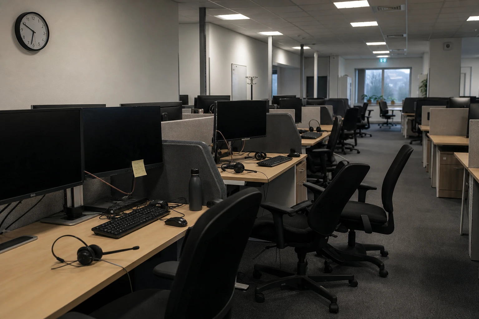 Leere Reihen von Kundenservice-Arbeitsplätzen mit Headsets am Schichtende in einem deutschen Servicecenter