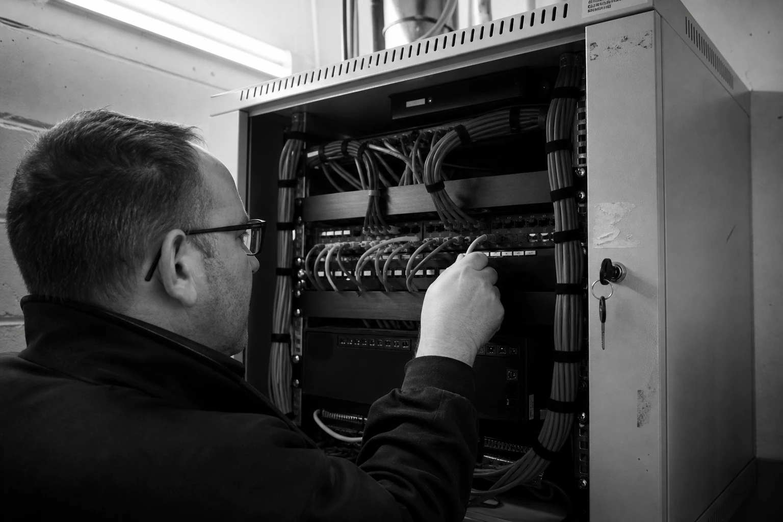 Technikerhand steckt ein Patchkabel in ein dichtes Netzwerk-Patchfeld in einem offenen Serverschrank