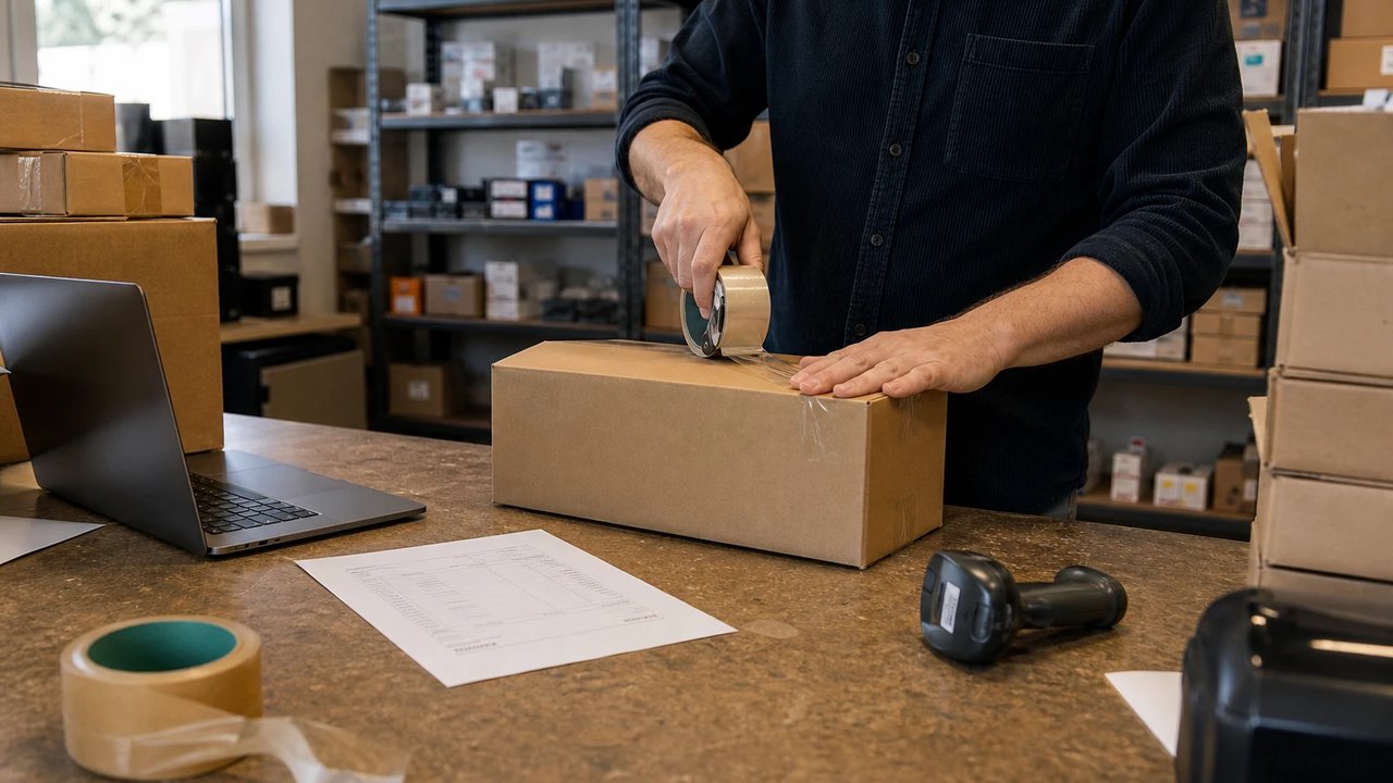 Inhaber eines kleinen Online-Shops verpackt am Packtisch einen Karton, daneben ein Handscanner und Versandkartons im Regal