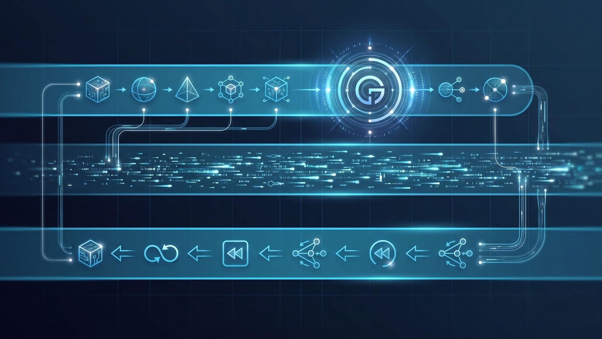 Horizontaler Swim-Lane-Diagramm: Offline-Evals oben, CI-Gate in der Mitte, Production-Traces im Stream, Regression-Fälle fließen in einer Schleife zurück