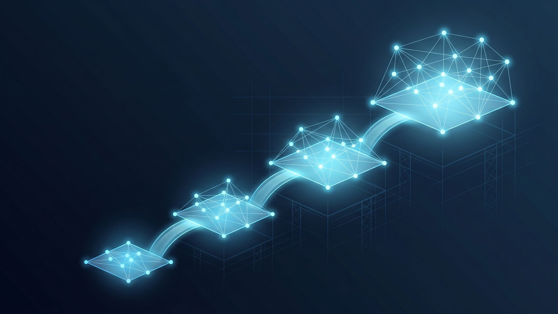 Aufsteigende Plattformen aus vernetzten Knotenpunkten symbolisieren progressive Reife und kumulierende Renditen einer Harness-Investition &uuml;ber Modellgenerationen