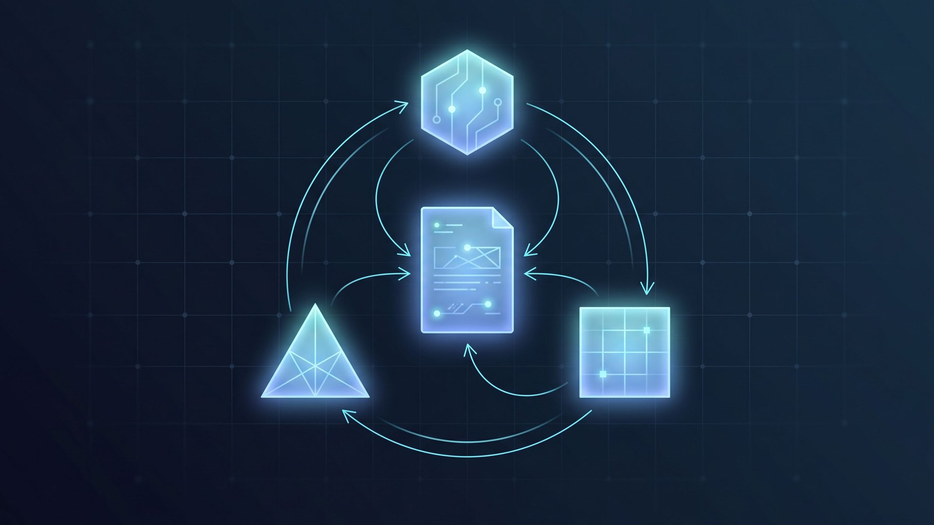 Drei spezialisierte KI-Agenten &mdash; Planner (Hexagon), Generator (Quadrat), Evaluator (Dreieck) &mdash; arbeiten ringf&ouml;rmig &uuml;ber einen geteilten Sprint Contract zusammen