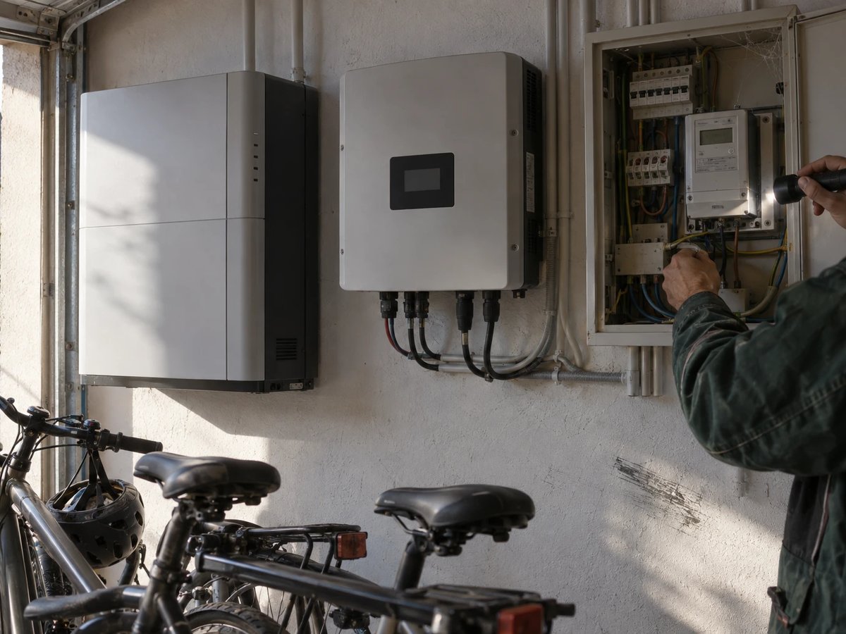Techniker leuchtet in einer Garage in den Zählerschrank neben Wechselrichter und Heimspeicher eines Einfamilienhauses