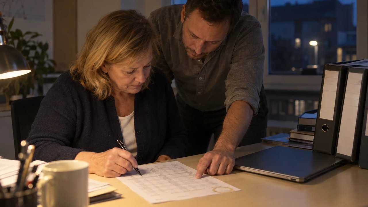 Zwei Mitarbeitende einer Regulierungsabteilung prüfen am Abend ein gedrucktes Preisblatt am Schreibtisch