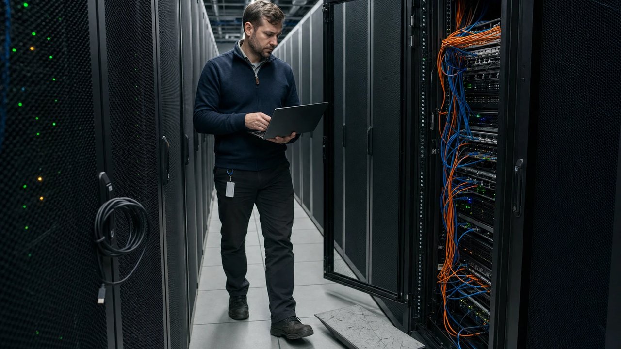 Technikerin oder Techniker im Gang eines europäischen Rechenzentrums zwischen Server-Racks mit offenen Patchkabeln