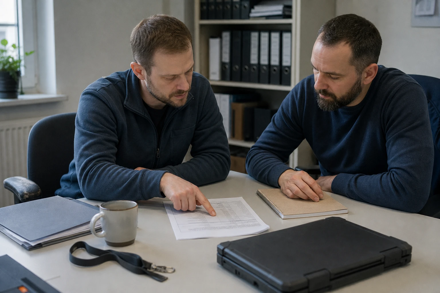 Zwei Security-Ingenieure sitzen an einem Bürotisch und besprechen eine ausgedruckte Prüf-Checkliste, deren Zeilen zu den beiden Personen hin lesbar orientiert sind, daneben ein geschlossener Laptop und ein Ordner mit Ausdrucken
