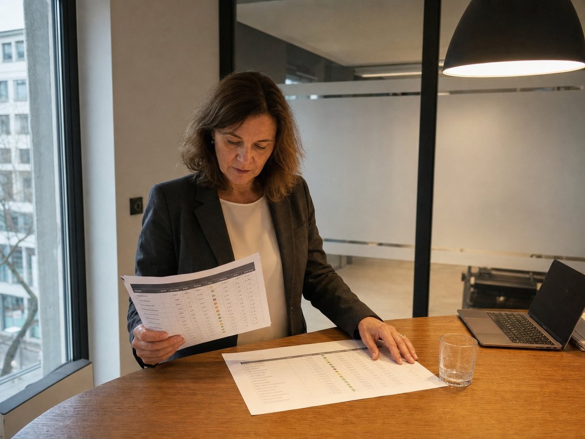 Procurement-Managerin einer Frankfurter Versicherung vergleicht zwei gedruckte Vendor-Scorecards im Konferenzraum, lange Glastrennwand im Hintergrund
