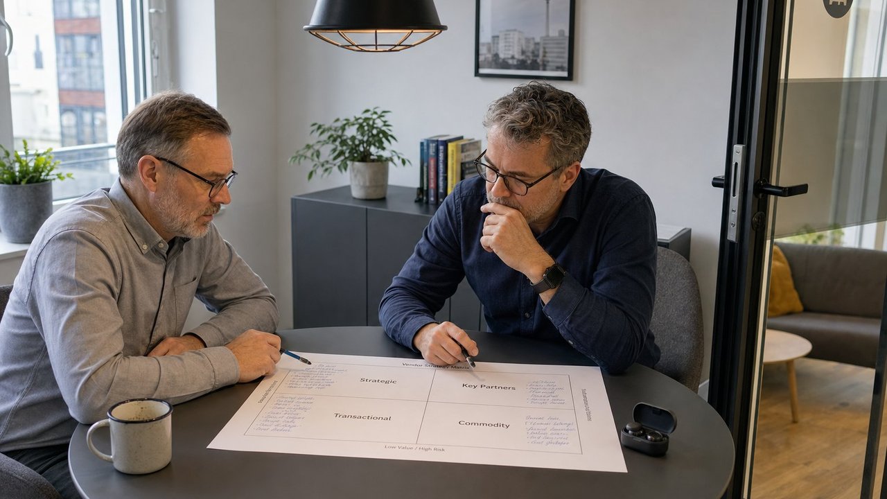 Zwei Enterprise-Architekten in einem Berliner Software-Büro diskutieren eine gedruckte Vendor-Strategie-Matrix mit handschriftlichen Notizen auf einem runden Meetingtisch