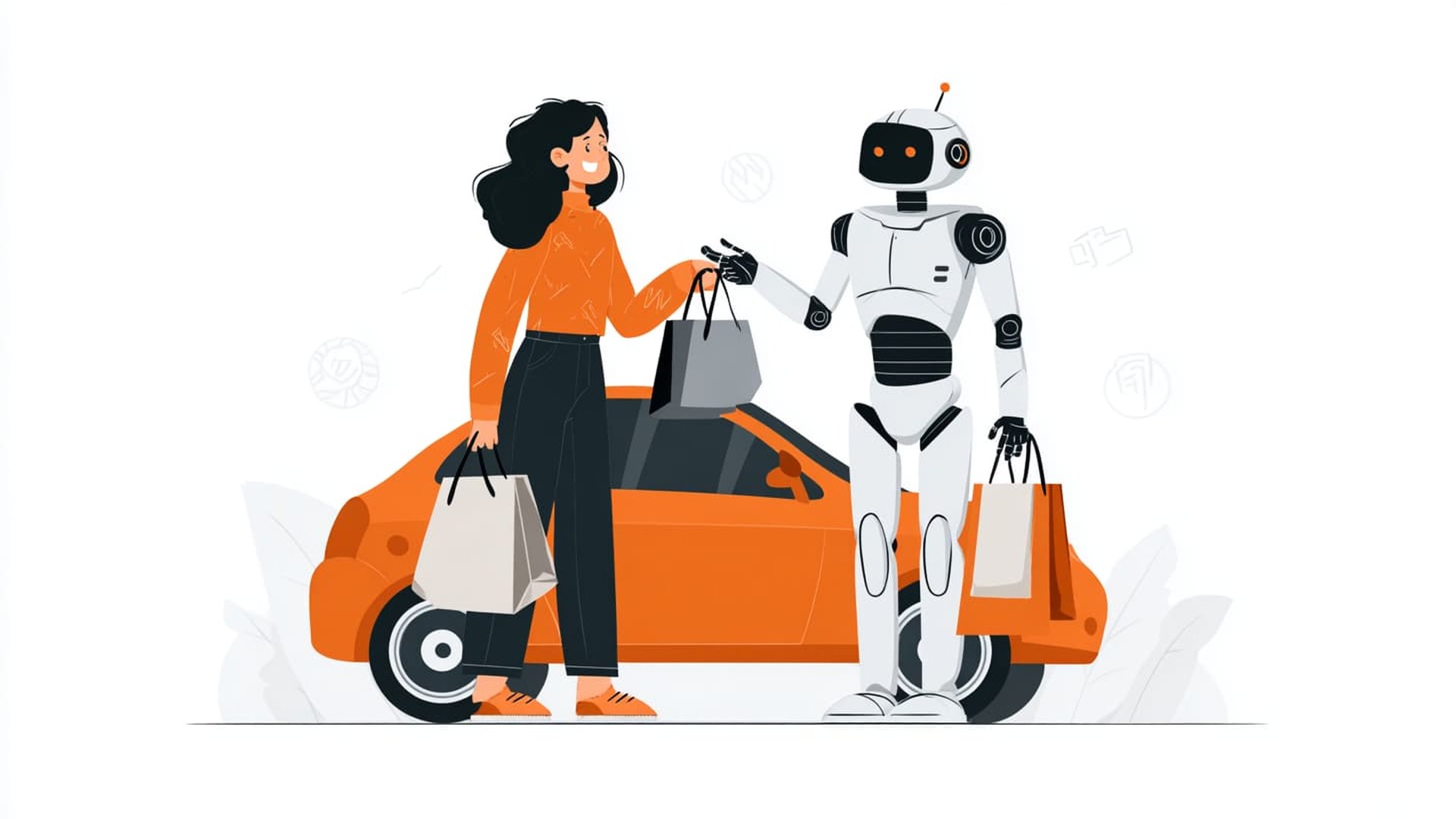 Illustration einer Frau und eines Roboters beim gemeinsamen Einkaufen, symbolisiert die Zusammenarbeit zwischen Mensch und KI im E-Commerce