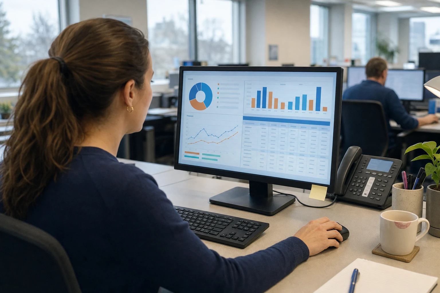 Mitarbeiterin im Versorger-Backoffice prüft eine Fernwärme-Preisberechnung am Monitor mit Diagrammen und Tabelle.