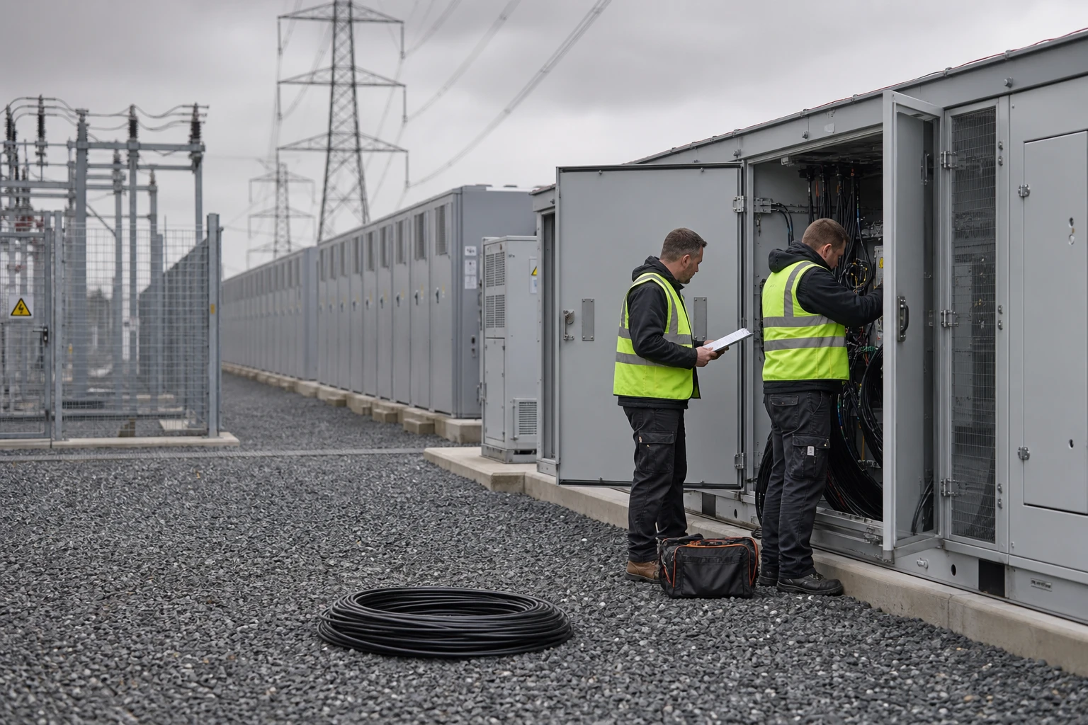 Lange Reihe grauer Batteriespeicher-Container hinter einem eingezäunten Umspannwerk, zwei Monteure in Warnwesten prüfen Unterlagen und gebündelte Kabel