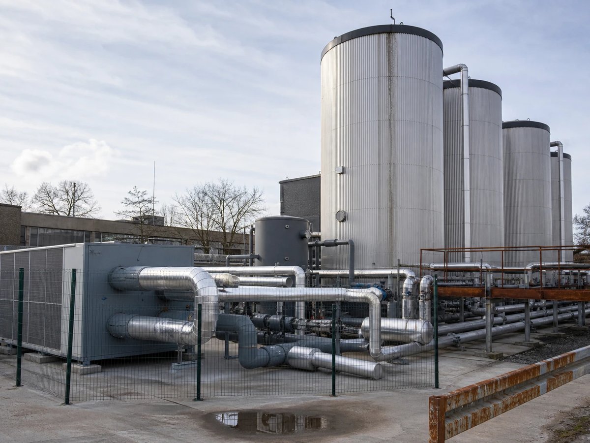 Großwärmepumpe und Wärmespeichertanks eines kommunalen Fernwärme-Heizwerks, verbunden durch dick gedämmte silberne Rohrleitungen auf einer Betonfläche.
