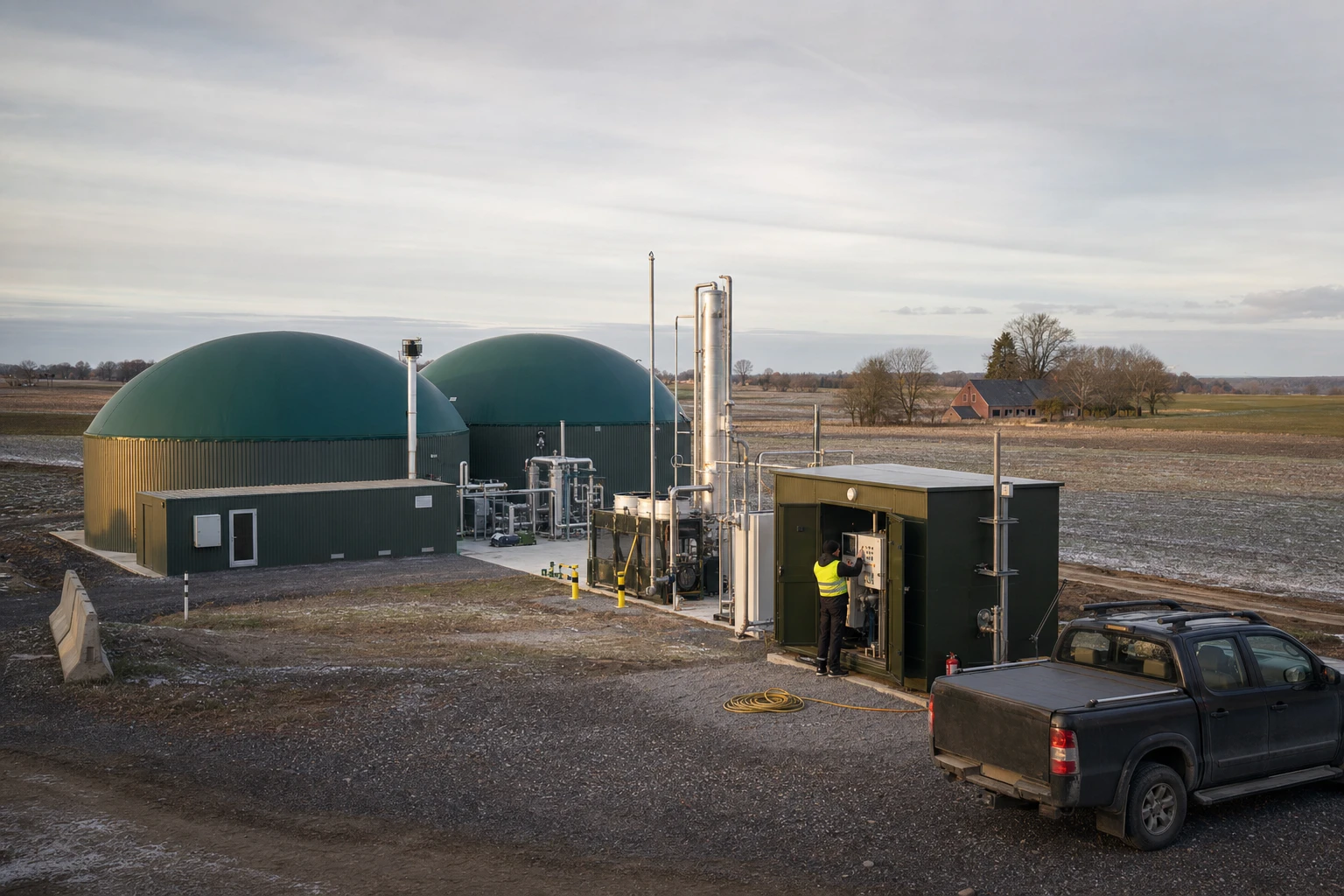 Biomethananlage auf einem Feld mit zwei grünen Fermenterkuppeln, Aufbereitungsanlage und Einspeisestation, ein Techniker prüft die Anlage