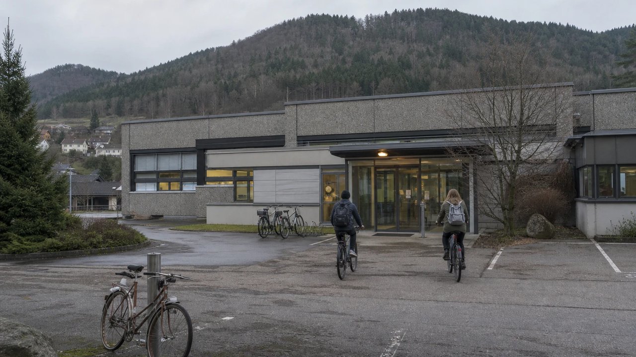 Modernes flaches Buerogebaeude am Rand einer Kleinstadt mit bewaldeten Schwarzwaldhuegeln im Hintergrund, zwei Mitarbeitende kommen mit Fahrraedern an