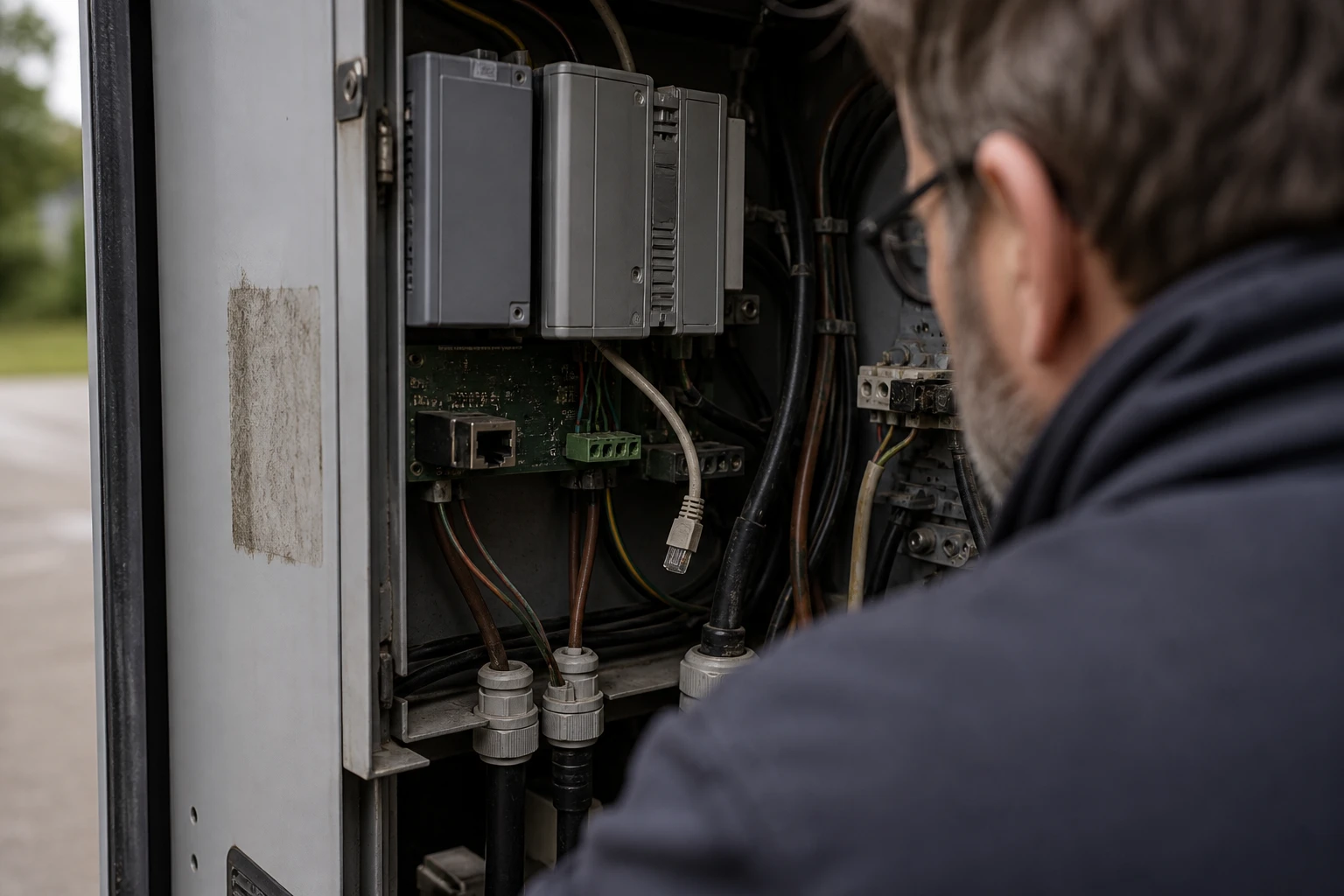 Blick über die Schulter eines Technikers in das geöffnete Innere einer Ladesäule, sichtbar sind graue Kommunikationsmodule, eine Platine mit Netzwerkanschluss und Kabelverschraubungen
