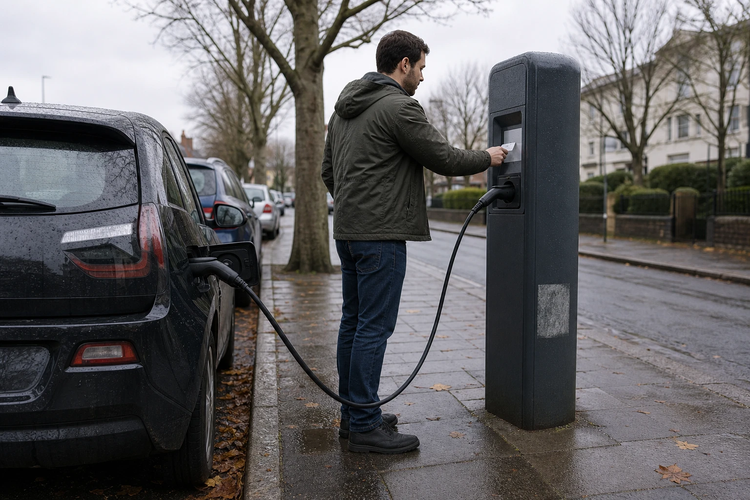 Ein Fahrer hält eine Ladekarte an das Lesegerät einer öffentlichen Ladesäule am Straßenrand, das Ladekabel steckt bereits im Elektroauto