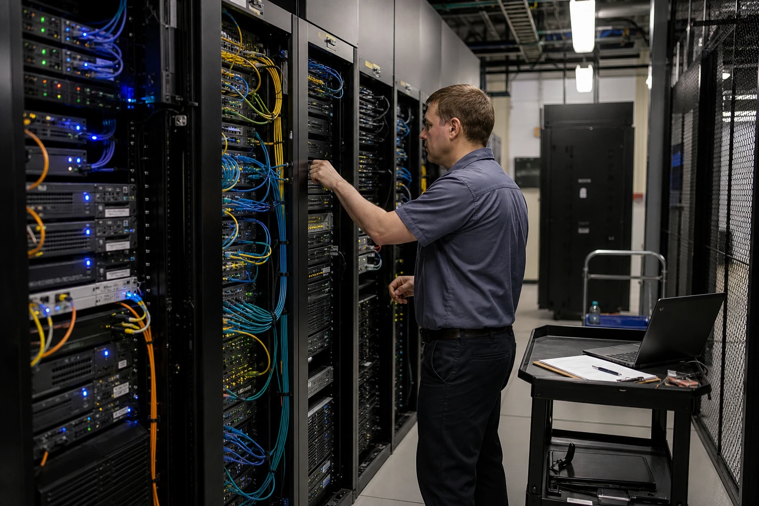 IT-Administrator prüft in einem Serverraum ein Rack mit Patchkabeln, blaue und weiße Status-LEDs