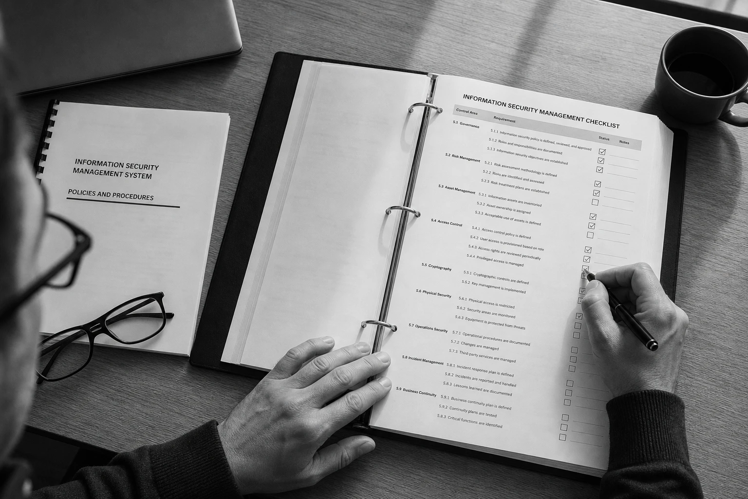 Aufsicht auf einen geöffneten Ordner zum Informationssicherheits-Managementsystem mit einer Checkliste, eine Hand hakt Punkte mit einem Stift ab, Schwarzweiss