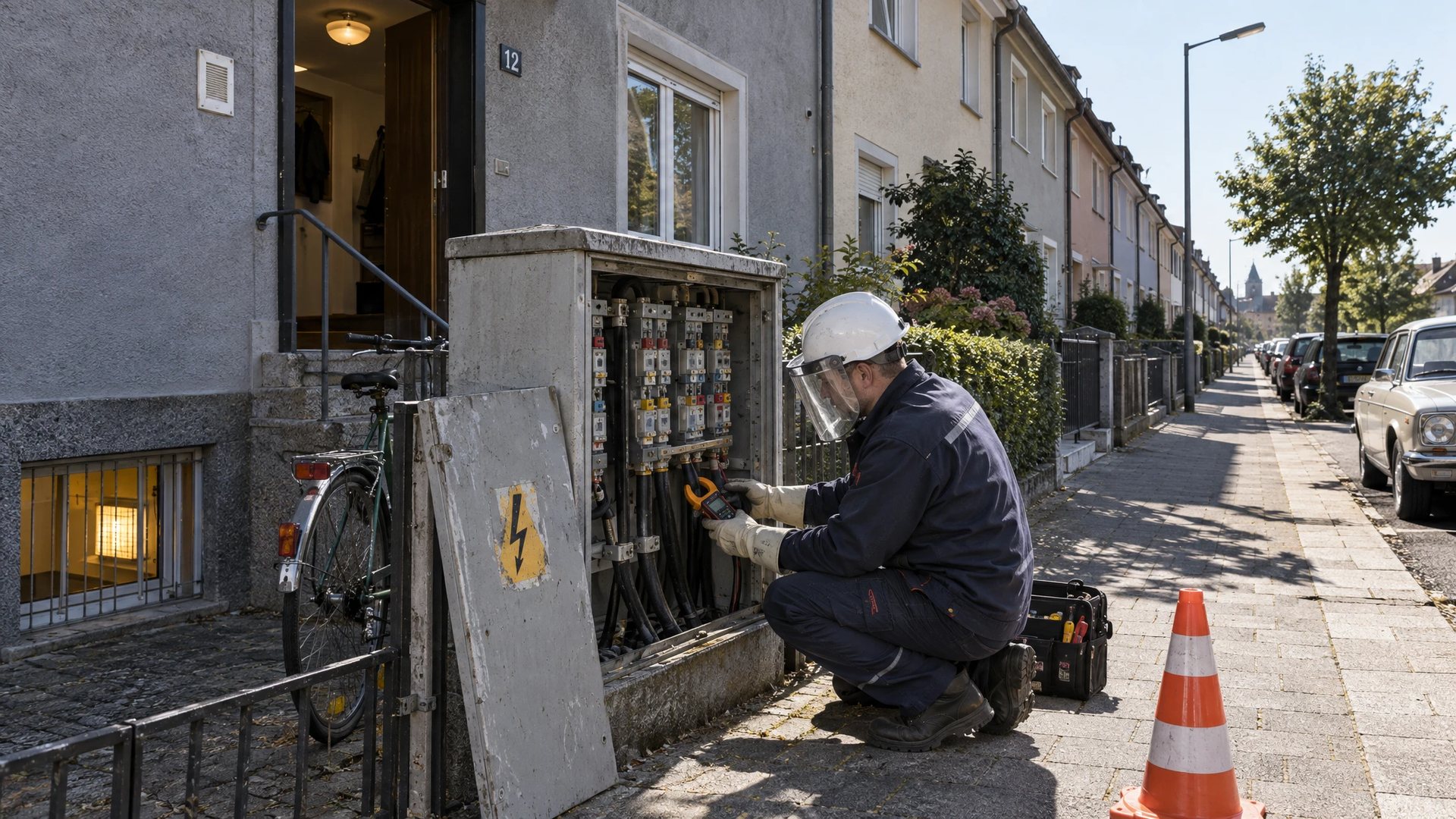 Wohnstraße mit Reihenhäusern: ein Netztechniker mit Gesichtsschutz am Helm und isolierenden Handschuhen misst mit der Stromzange an einem geöffneten Kabelverteilerschrank