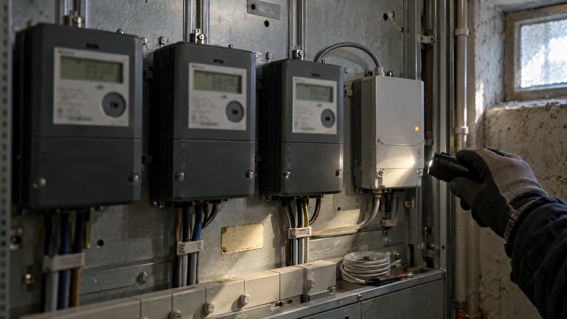 Zählertafel im Keller eines Mehrfamilienhauses: drei elektronische Zähler, rechts daneben ein hellgraues Smart Meter Gateway mit orange leuchtender Status-LED, auf das eine Hand im Arbeitshandschuh die Taschenlampe richtet