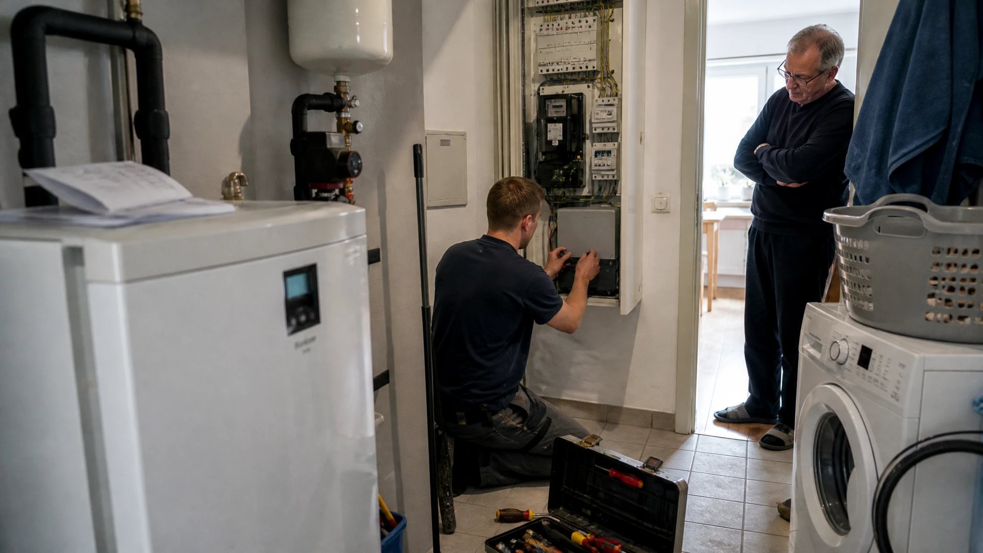 Hauswirtschaftsraum eines Einfamilienhauses: ein Elektriker setzt eine Steuerbox unter den Zähler, der Eigentümer schaut von der Tür aus zu