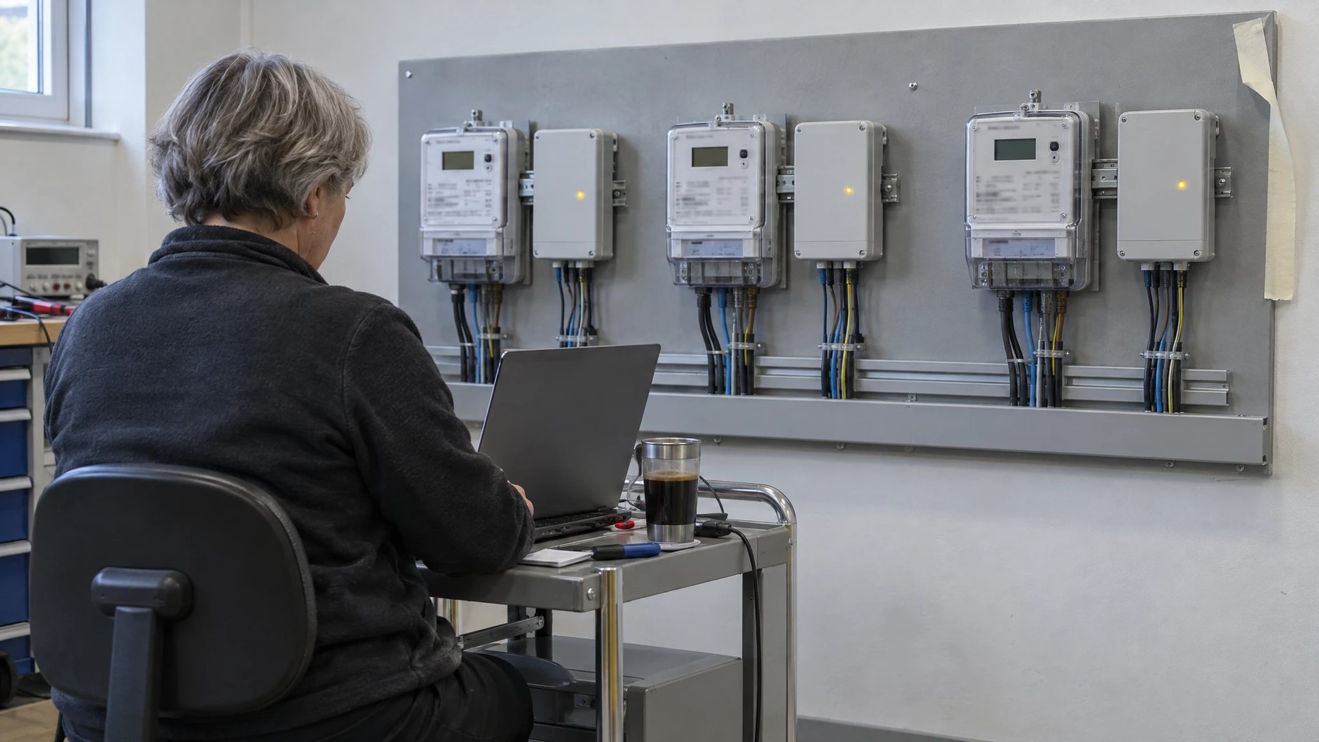 Prüflabor eines Regionalversorgers: drei Zähler mit je einem Smart Meter Gateway auf einer Prüfwand, davor arbeitet eine Technikerin am Laptop