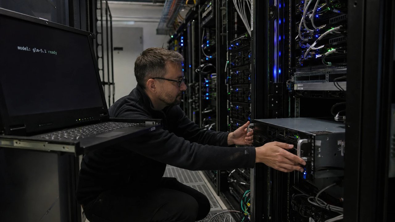 Systemadministrator schiebt einen GPU-Server in ein Rack eines deutschen On-Premise-Serverraums, daneben ein Terminal mit laufendem Modell