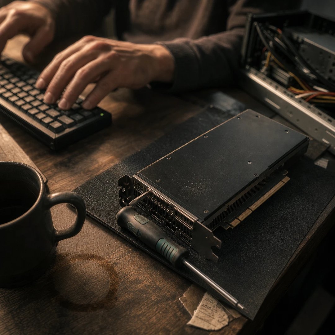 Nahaufnahme der Hände eines Entwicklers an der Tastatur mit einer GPU-Karte auf der Antistatikmatte während eines Modelltests