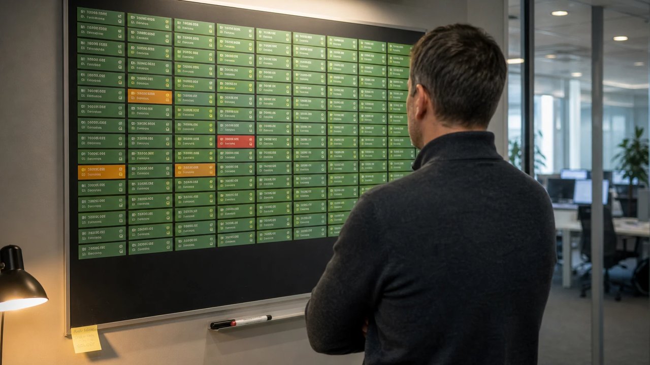Systemingenieur vor einer großen Statuswand mit einem Raster aus vielen parallelen Job-Kacheln in Grün, Gelb und Rot, die laufende Agenten und ihren Prüfstatus zeigen