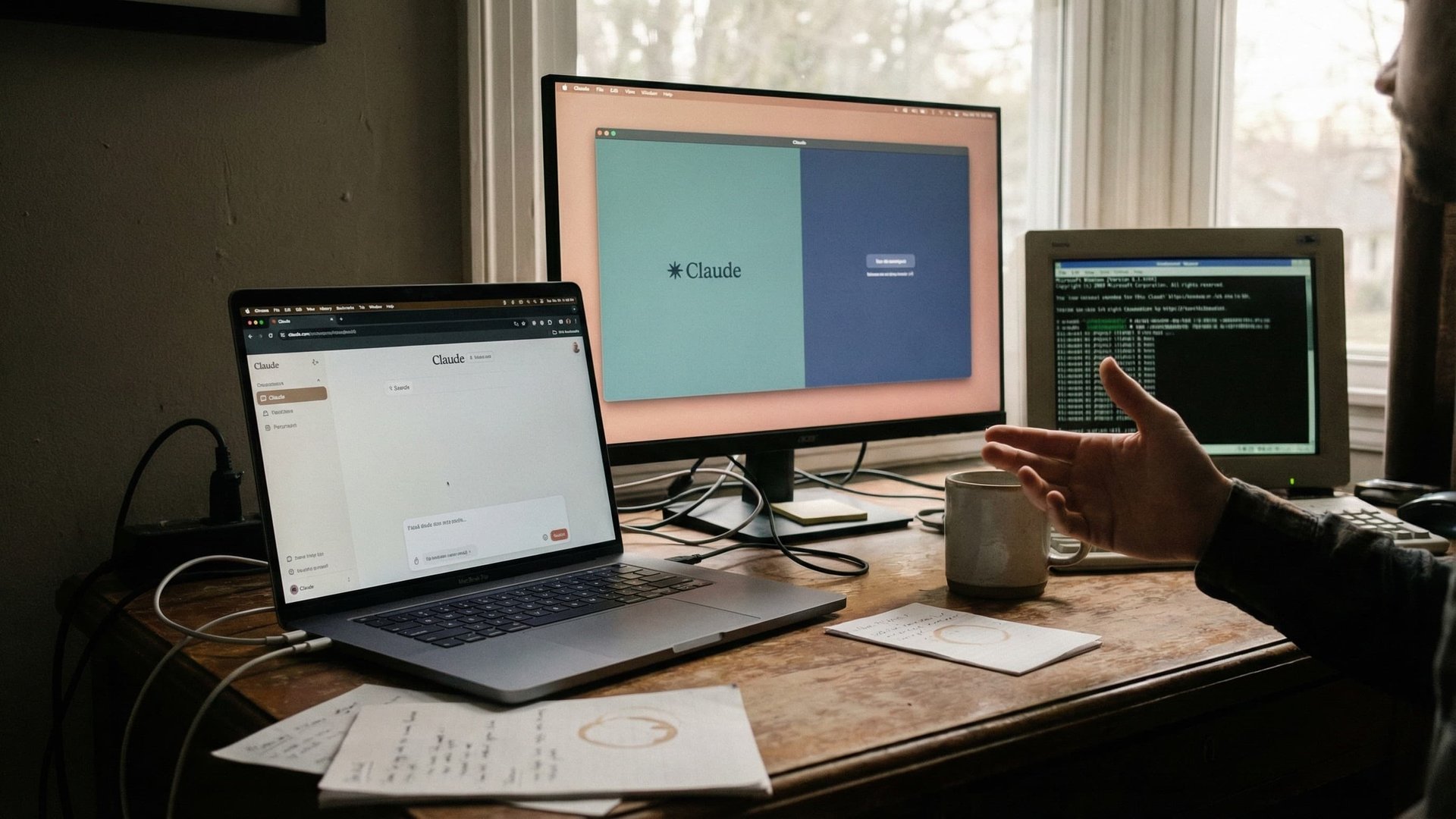 Drei Bildschirme zeigen Claude Web im Browser, Claude Desktop App und Claude Code CLI im Terminal