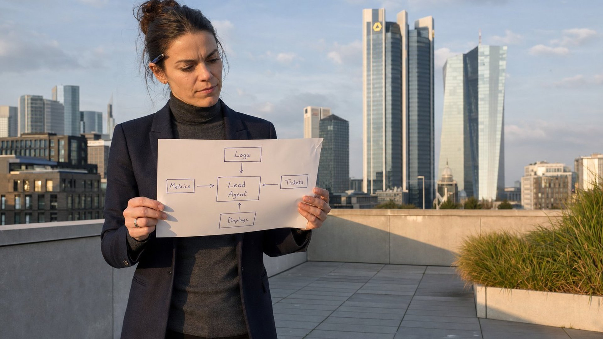 Tech-Beraterin auf einer Frankfurter Bürohaus-Dachterrasse prüft einen handgezeichneten Multiagent-Flowchart mit Lead-Agent und vier Subagenten vor der Skyline
