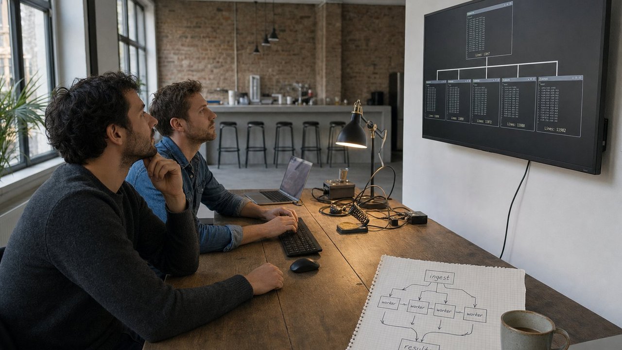Zwei Entwickler in einem Berliner Loft-Studio beobachten einen Wandmonitor mit fünf parallelen Terminal-Panels und steigenden Zeilenzählern