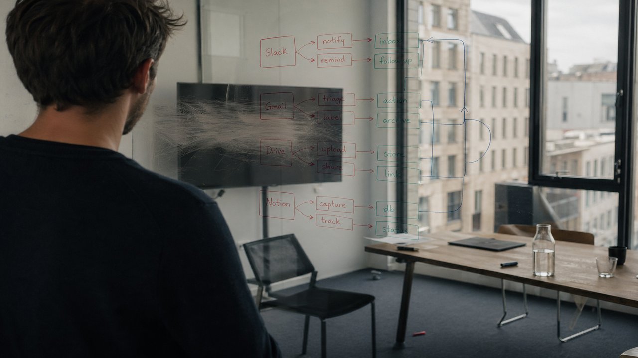 Auf einer Glaswand in einem Berliner Startup-Buero ist mit drei Whiteboard-Markern ein Workflow-Diagramm gezeichnet, das App-Namen wie Slack, Gmail und Drive mit kurzen Verb-Labels verbindet