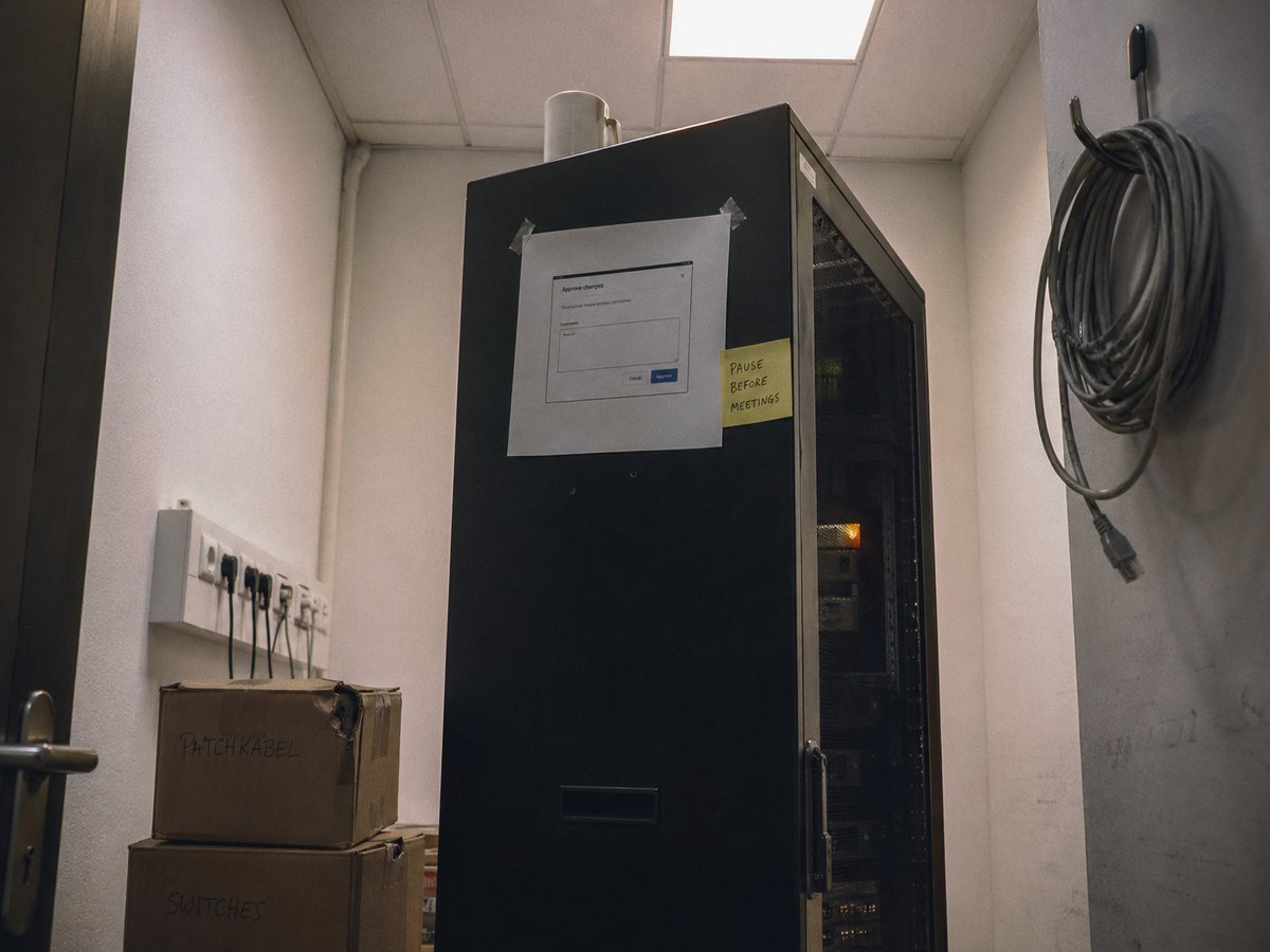 Server-Schrank in einem deutschen Mittelstands-Buero mit aufgeklebtem Approval-Popup-Mockup und gelbem Klebezettel mit handschriftlicher Notiz PAUSE BEFORE MEETINGS