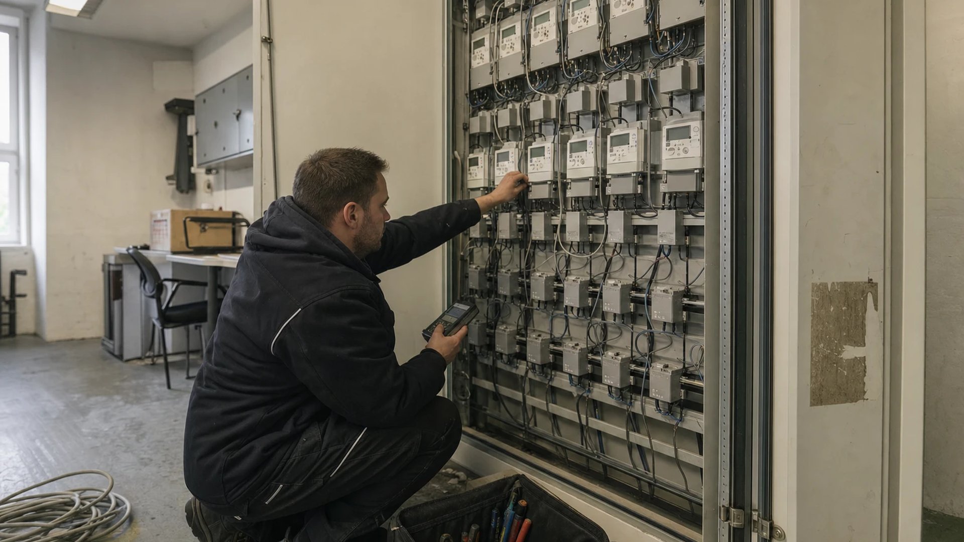 Elektriker prüft mit einem Handlesegerät einen offenen Zählerschrank voller digitaler Stromzähler in einem Stadtwerke-Messraum