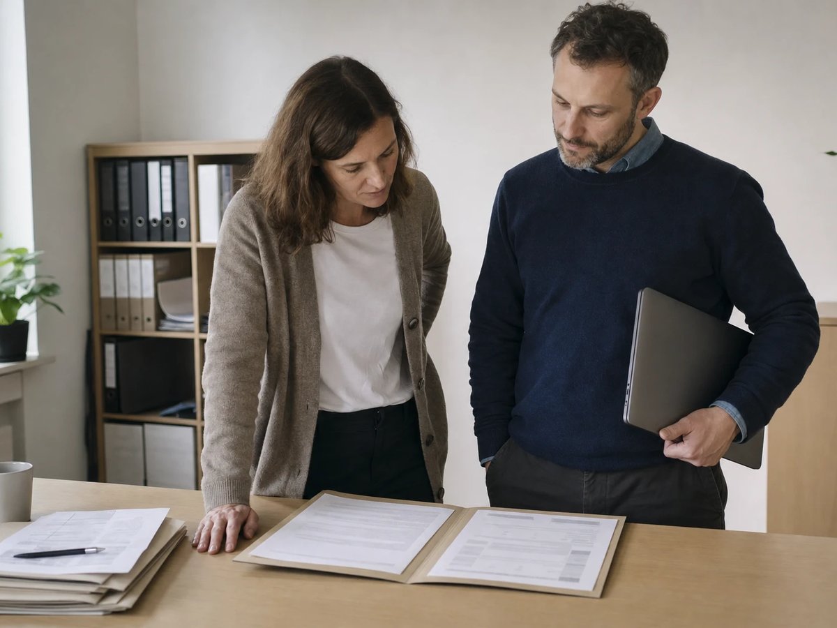 Zwei Kolleginnen und Kollegen stehen an einem Tisch und prüfen gemeinsam eine aufgeschlagene Vertragsmappe in einem Büro