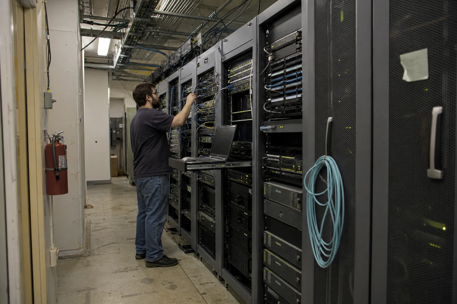Techniker im Serverraum einer Behörde prüft ein Patchfeld zwischen zwei Reihen grauer Serverschränke mit ordentlich verlegten Kabeln