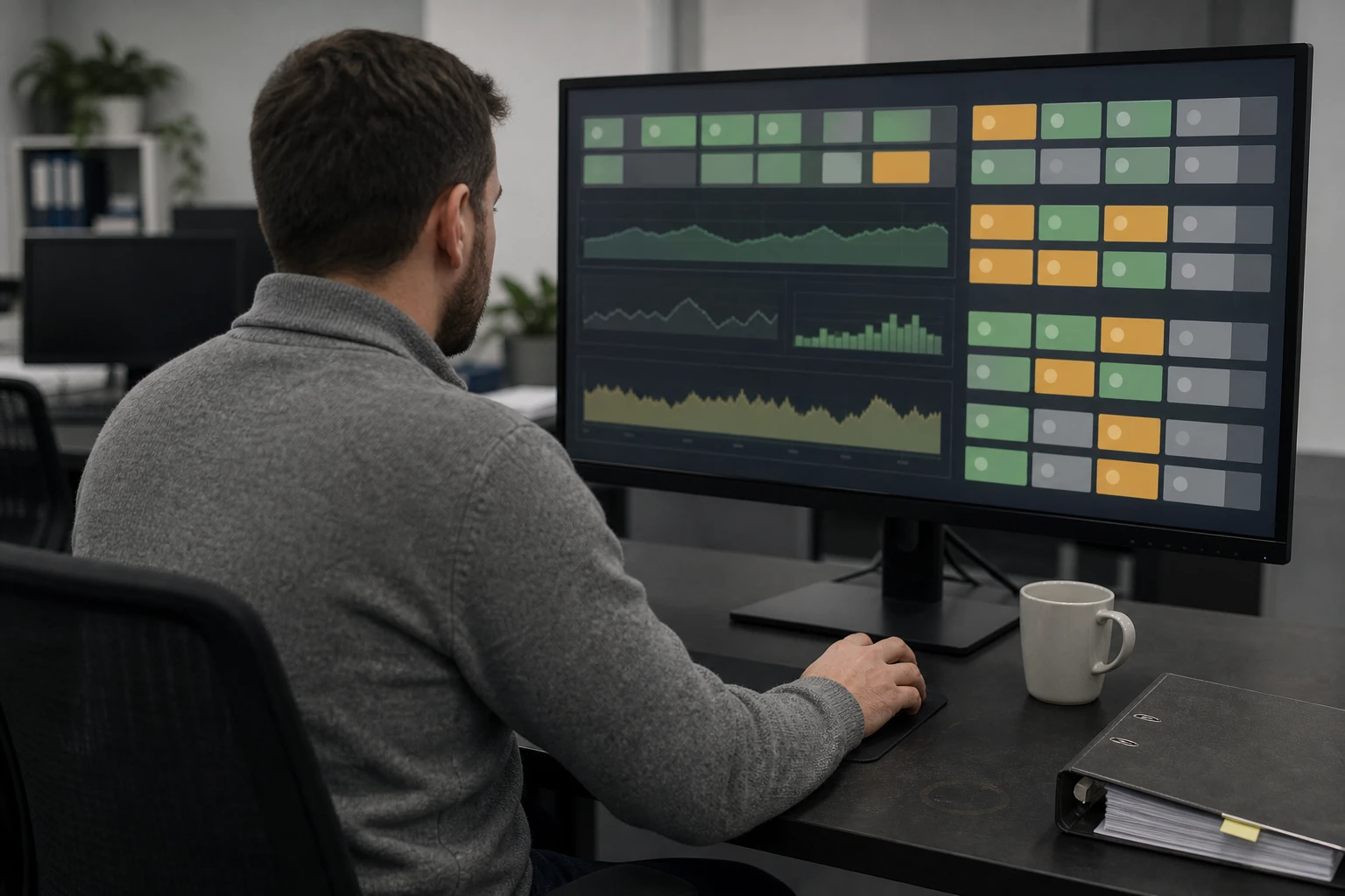 Blick über die Schulter eines Backend-Ingenieurs, der an einem großen Monitor ein Verfügbarkeits-Dashboard mit abstrakten Statuskacheln bearbeitet.
