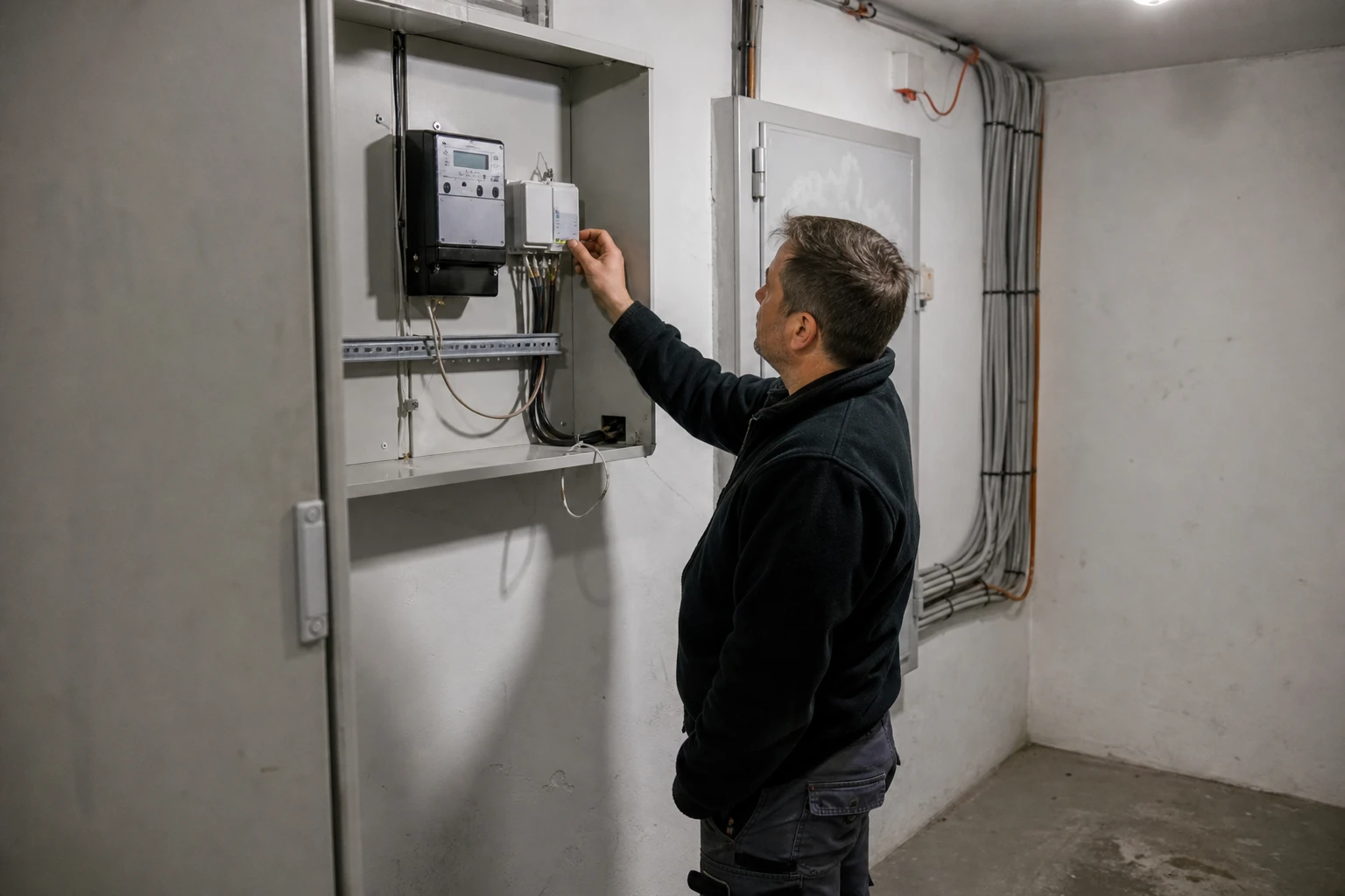 Messstellentechniker prüft in einem Technikraum eines Mehrfamilienhauses einen modernen digitalen Stromzähler und ein separates Kommunikationsmodul im grauen Zählerschrank